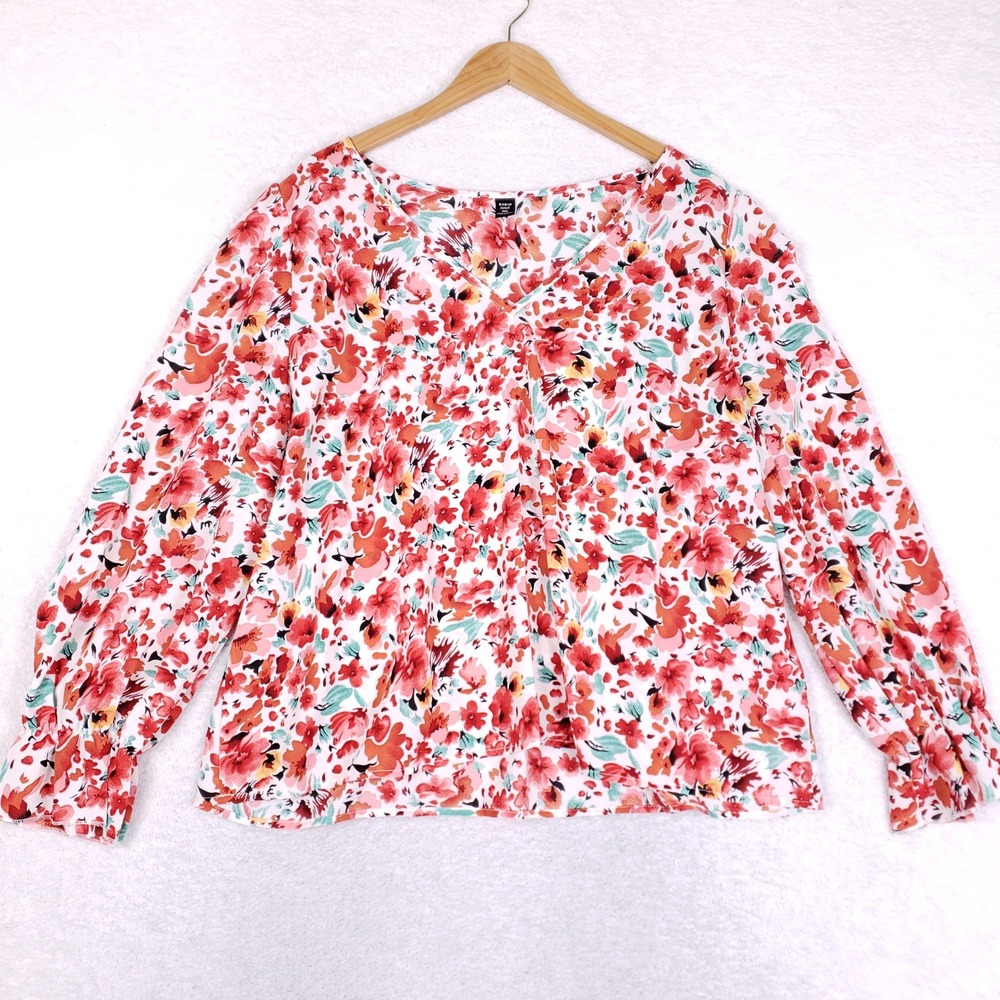 Shein Curve Blouse Womens 4XL Floral V Neck Boho Peasant Ruffle Sleeve Red